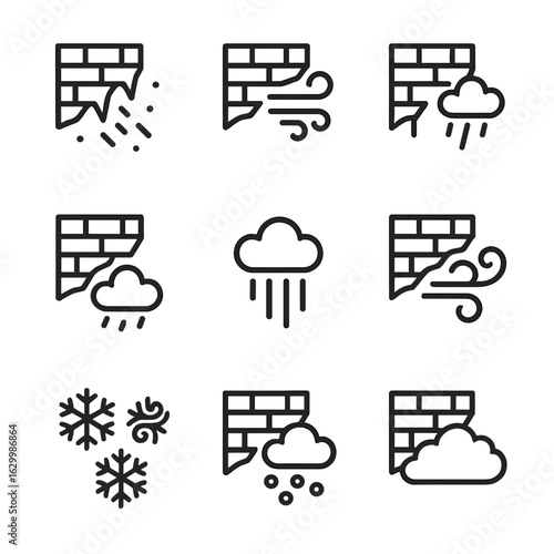 Ice Weather Icons. Outline icon set of ice wall weather effects: snow flurry, frost wind, icy rain, glacier fog, freezing mist,