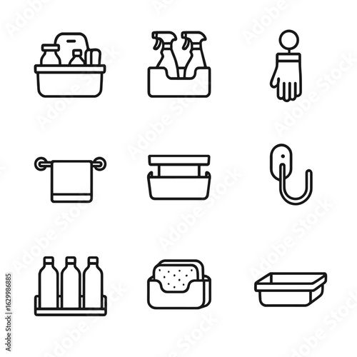 Cleaning Organizer Icons. Outline icon set of cleaning organizers: utility caddy, spray holder, glove clip, towel bar, shelf bin,