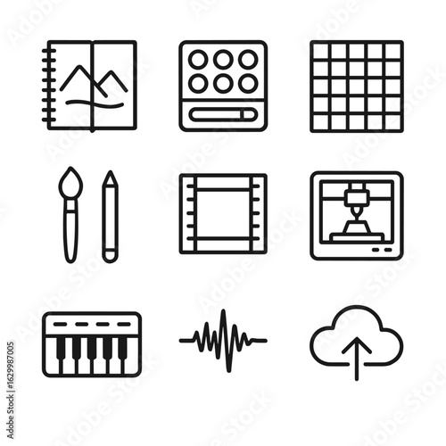 Creative Workflow Icons. Outline icon set of creative analog-digital workflow: sketchbook page, watercolor palette, pixel art grid