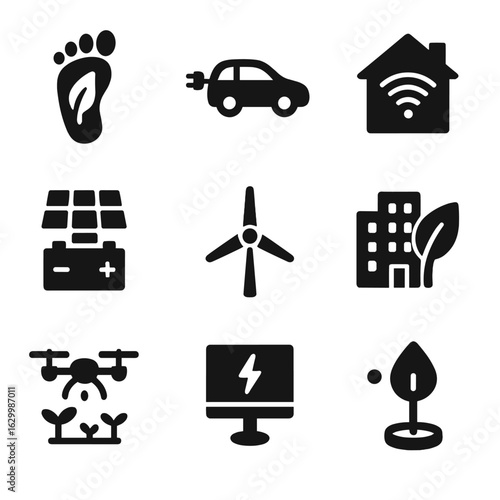 Climate Tech Icons. Solid, filled icon set of climate action technology: carbon footprint, electric vehicle, smart home, solar