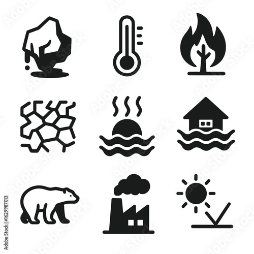 Climate Change Icons. Solid, filled icon set of global temperature rise effects: melting glacier, rising thermometer, wildfire,