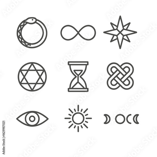 Immortality Symbol Icons. Outline icon set of immortality symbols: ouroboros, infinity loop, everlasting star, sacred geometry,