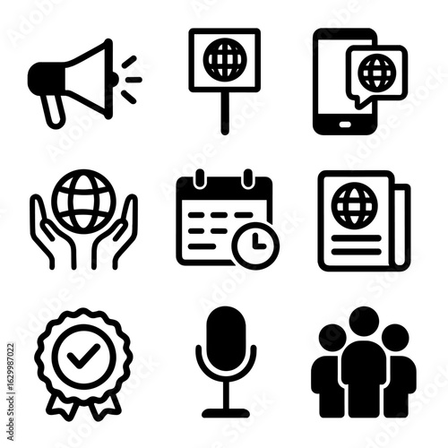 Climate Activism Icons. Solid, filled icon set of Climate activism and awareness: megaphone, protest sign, social media, globe