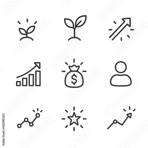 Icon Set Illustrations. Outline icon set of burst growth: seed sprout burst, plant shoot spike, upward arrow burst, growth chart