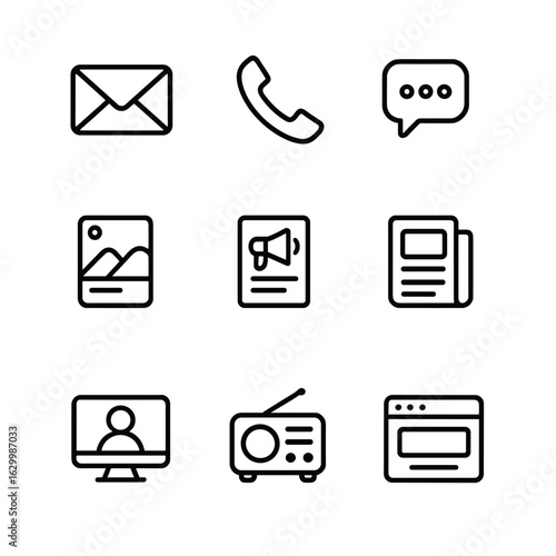 Crisis Communication Icons. Outline icon set of communication channels during a crisis: email, phone call, SMS message, social