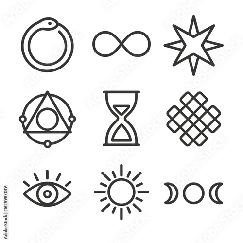 Immortality Symbol Icons. Outline icon set of immortality symbols: ouroboros, infinity loop, everlasting star, sacred geometry,