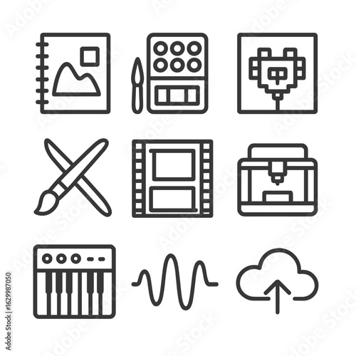 Creative Workflow Icons. Outline icon set of creative analog-digital workflow: sketchbook page, watercolor palette, pixel art grid