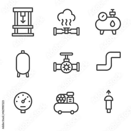 Industrial Pressure Icons. Outline icon set of industrial pressure: hydraulic press, steam pressure, compressed air, pressure