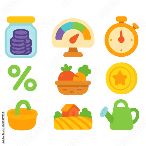 Crypto Tools for Kids. Flat vector mini-illustrations staking and yield farming tools in colors children's illustrations: staking