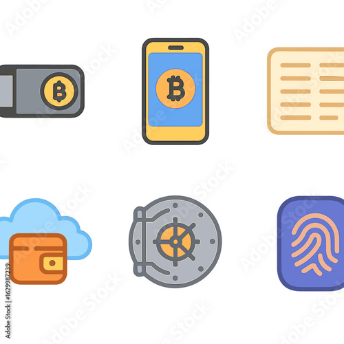 Cryptocurrency Wallet Icons. Flat vector mini-illustrations cryptocurrency wallet types in colors children's illustrations: