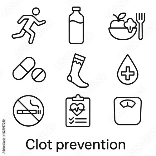 Clot Prevention Icons. Outline icon set of clot prevention: exercise, hydration, healthy diet, medication, compression socks,