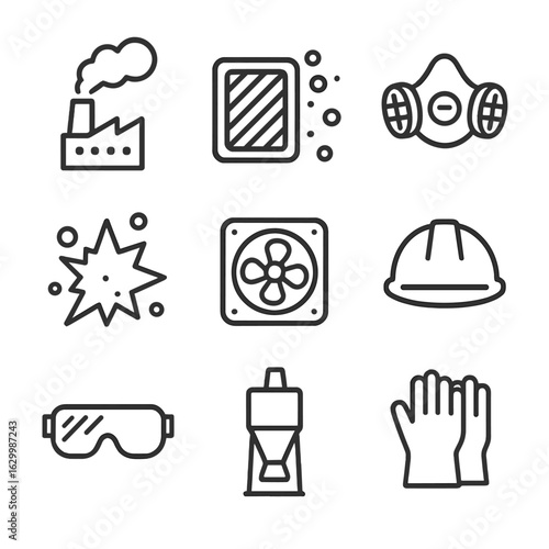 Industrial Safety Icons. Outline icon set of industrial dust and safety: factory smoke, dust filter, respirator mask, dust