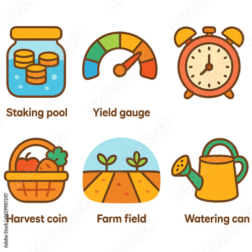 Crypto Tools for Kids. Flat vector mini-illustrations staking and yield farming tools in colors children's illustrations: staking