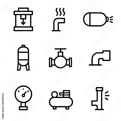 Industrial Pressure Icons. Outline icon set of industrial pressure: hydraulic press, steam pressure, compressed air, pressure