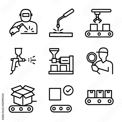 Industrial Process Icons. Outline icon set of industrial processes: welding, cutting torch, assembly line, painting spray, molding