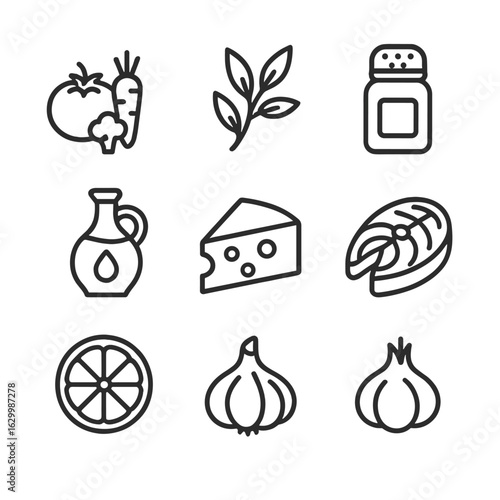 Culinary Icon Collection. Outline icon set of culinary ingredients: fresh vegetables, aromatic herbs, spice jar, olive oil bottle,