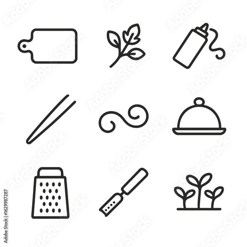 Culinary Icon Set. Outline icon set of plating and presentation: plating board, garnish sprig, drizzle sauce bottle, food tweezers