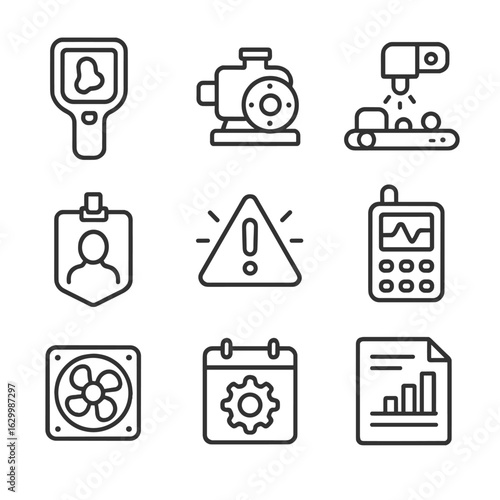 Industrial Icon Set. Outline icon set of industrial IR inspection: thermal scan, machinery heat spot, conveyor belt sensor, safety