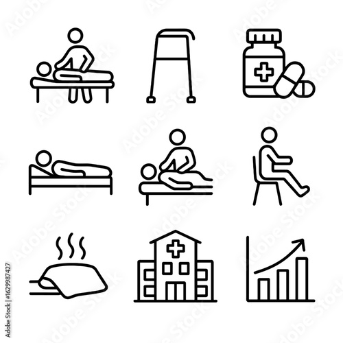 Injury Recovery Icons. Outline icon set of injury recovery: physical therapy, walking aid, medicine, rest, massage, exercise, heat