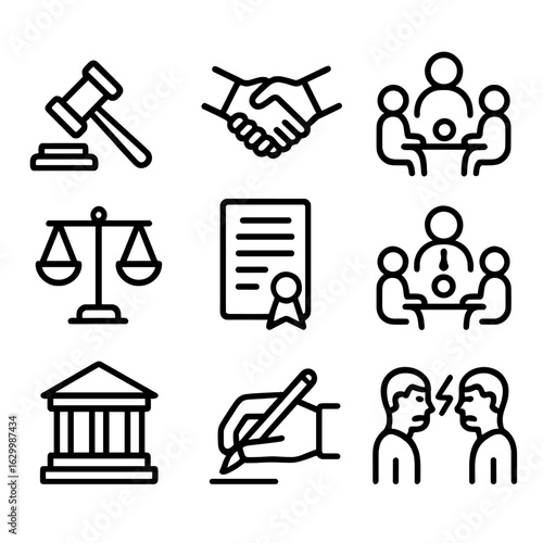 Inheritance Conflict Icons. Outline icon set of inheritance disputes and resolution: gavel, handshake, mediation, legal scales,