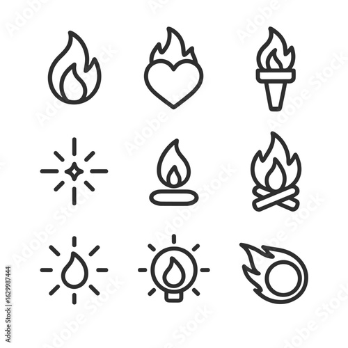 Inner Fire Icons. Outline icon set of inner fire symbols: flame, heart fire, torch, spark, ember, bonfire, glowing light, radiant