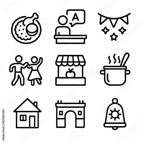 Cultural Immersion Icons. Outline icon set of cultural immersion experiences: traditional meal, language class, local festival,