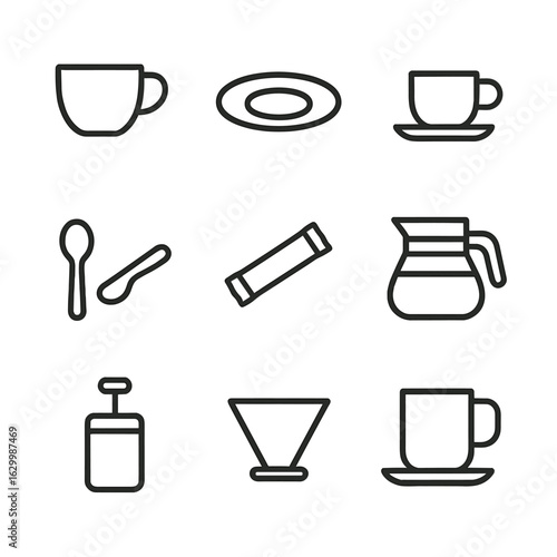 Coffee Icon Set. Outline icon set of coffee accessories: coffee cup, saucer, espresso cup, coffee spoon, sugar packet, coffee pot,