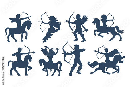 Collection of archer silhouettes in various poses. Vector illustration set of mythological hunters and warriors isolated on a white background.