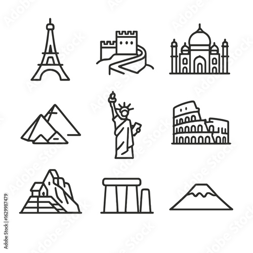 Cultural Landmark Icons. Outline icon set of cultural landmarks: Eiffel Tower, Great Wall, Taj Mahal, Pyramids, Statue of Liberty,