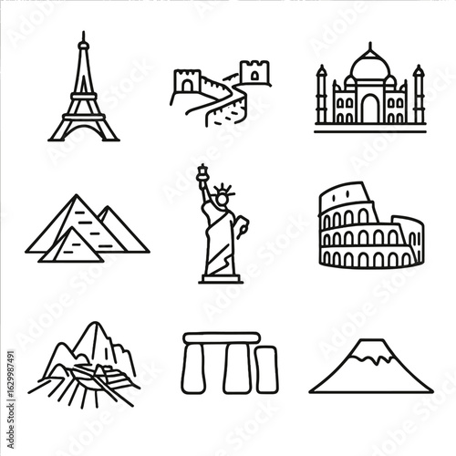 Cultural Landmark Icons. Outline icon set of cultural landmarks: Eiffel Tower, Great Wall, Taj Mahal, Pyramids, Statue of Liberty,