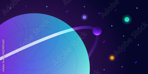 Stylized planet with orbiting moon in a vibrant, glowing space full of stars and energy