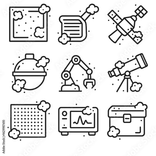 Instrument Icon Set. Outline icon set of instruments collecting dust: aerogel panel, dust trap, space probe nozzle, collector