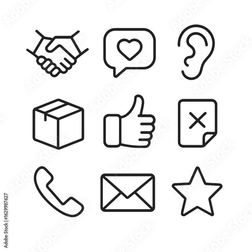 Customer Engagement Icons. Outline icon set of customer engagement cues: handshake, speech bubble with heart, listening ear,