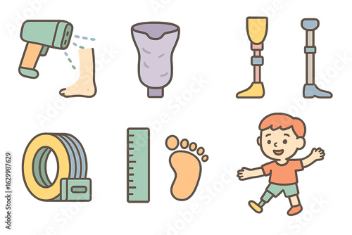 Custom Leg Prosthetic Icons. Flat vector mini-illustrations custom fit 3D printed leg prosthetic in colors children's