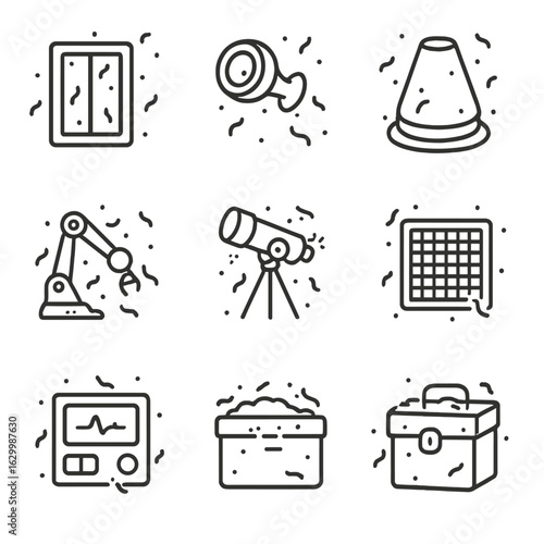 Instrument Icon Set. Outline icon set of instruments collecting dust: aerogel panel, dust trap, space probe nozzle, collector
