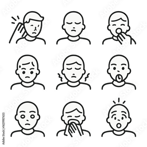 Instinctive Reactions Icons. Outline icon set of instinctive reactions: flinching, blinking, yawning, sweating, shivering, gag