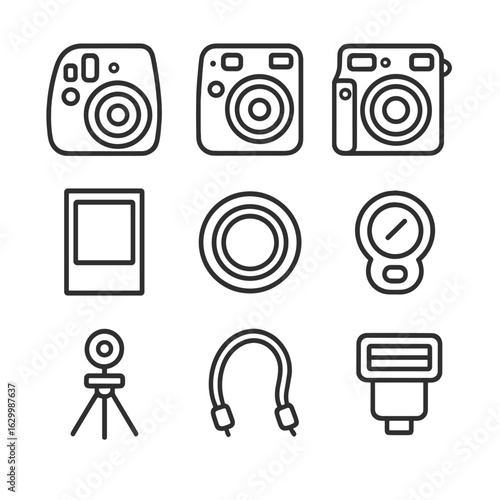 Instax Camera Icon Set. Outline icon set of instax camera models: instax mini camera, instax square camera, instax wide camera,