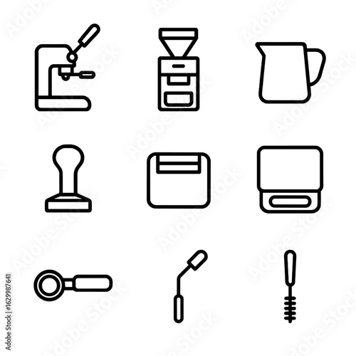 Coffee Equipment Icons. Outline icon set of coffee equipment: espresso machine lever, burr grinder, milk frother pitcher, tamper,