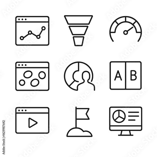 Customer Analytics Icon Set. Outline icon set of online customer analytics: website traffic graph, conversion funnel, bounce rate