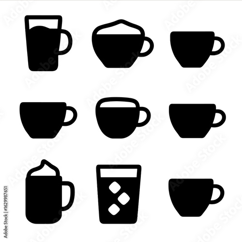 Coffee Icons Grid. Solid, filled icon set of coffee drinks: latte, cappuccino, espresso, americano, macchiato, flat white, mocha,