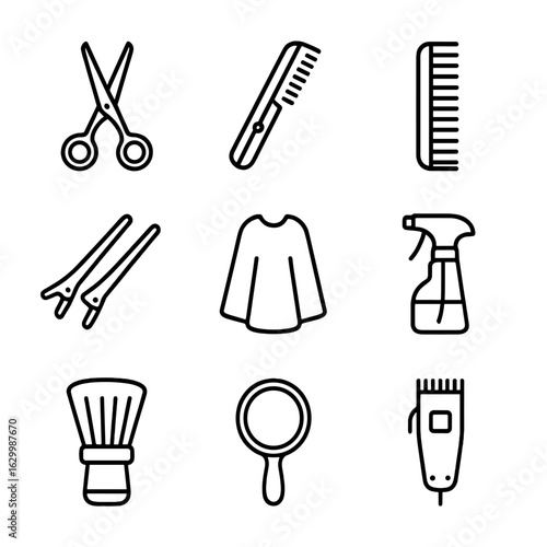 Cutting Tools Icons. Outline icon set of cutting tools and accessories: hair scissors, thinning shears, fine-tooth comb,