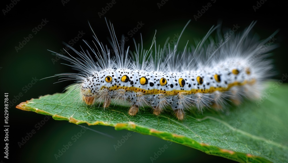 Naklejka premium Close-up of a fuzzy, white caterpillar with black and yellow spots, crawling on a vibrant green leaf