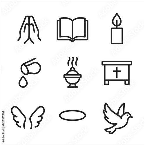 Invocation Icon Set. Outline icon set of invocation themes: prayer hands, open book, candle flame, holy water, incense burner,