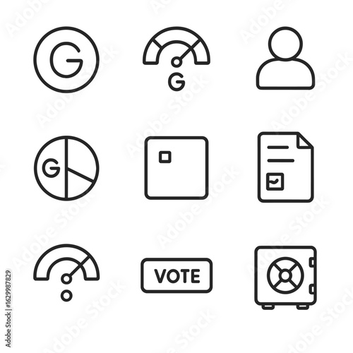 DAO Governance Icons. Outline icon set of DAO governance tokens: governance token, voting power gauge, delegate avatar, token