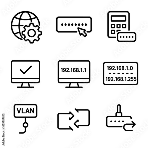 IP Configuration Icons. Outline icon set of IP address configuration: network settings, IP address input, subnet calculator, DHCP