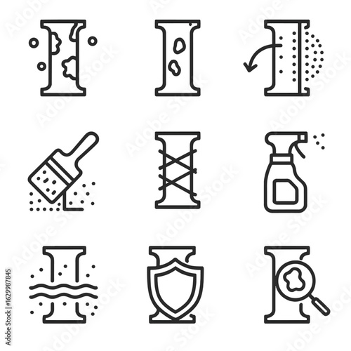 Iron Protection Icons. Outline icon set of iron corrosion and protection: rust, corrosion, protective coating, paint brush,