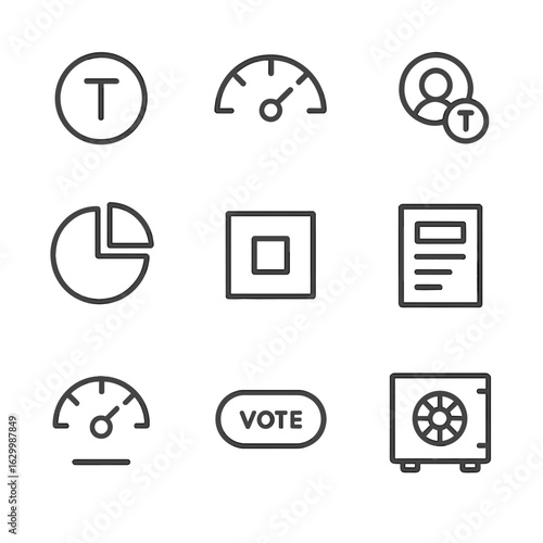 DAO Governance Icons. Outline icon set of DAO governance tokens: governance token, voting power gauge, delegate avatar, token