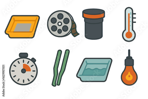 Darkroom Development Icons. Flat vector mini-illustrations darkroom film development in colors children's illustrations: developer