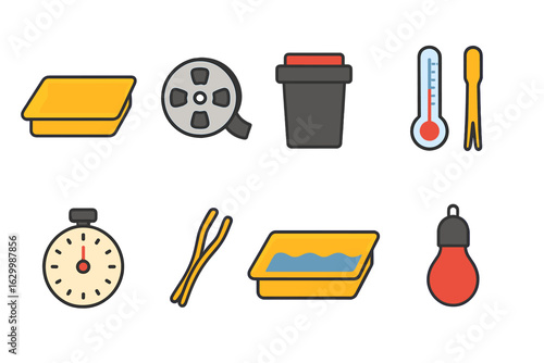 Darkroom Development Icons. Flat vector mini-illustrations darkroom film development in colors children's illustrations: developer