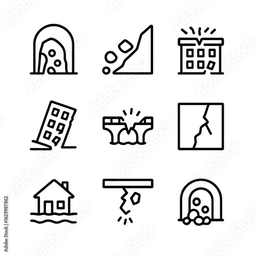 Collapse Icon Set. Outline icon set of collapse types: cave-in, landslide, roof collapse, building fall, bridge failure, wall